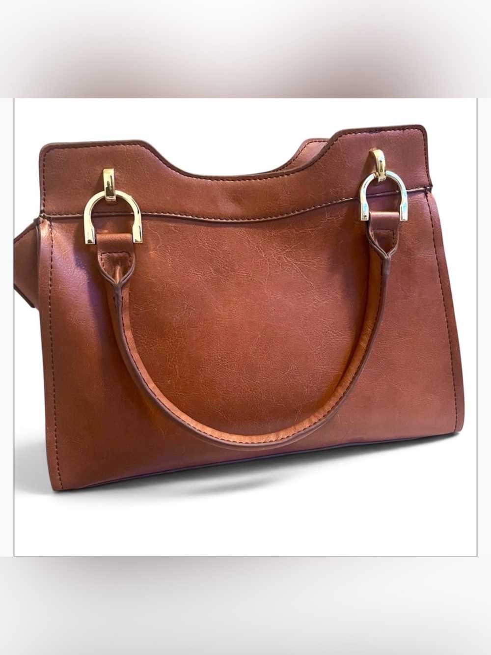 London Fog Brown Faux Leather Satchel Shoulder Bag Gold Tone Hardware Zip Pocket - Picture 5 of 9